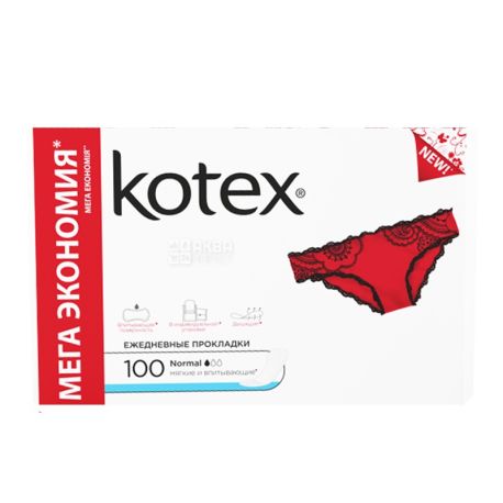 Kotex, 100 шт., прокладки, normal ежедневные