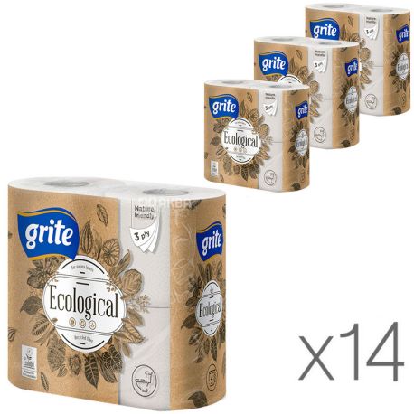 Grite Plius Ecological, 4 рул., Упаковка 14 шт., Грит Пліус Еколоджікал, Папір туалетний макулатурний, 3-шарова, 14 м