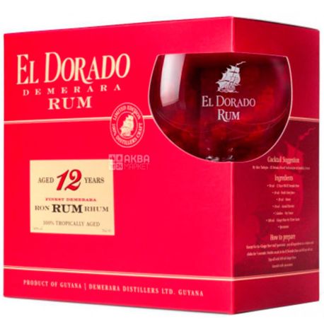 El Dorado, 12 yo, Rum in a gift box with a glass, 0.7 L