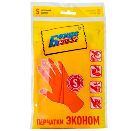 Бонус, 1 пара, Перчатки резиновые, универсальные, размер S