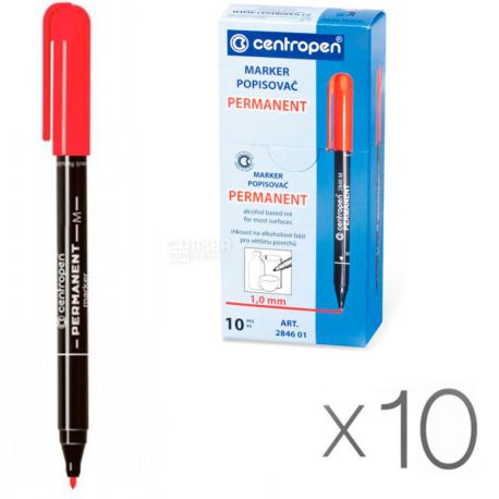 Centropen, упаковка 10 шт., Маркер перманентный, красный, 1 мм