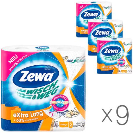 Zewa Wisch & Weg Decor, 9 упаковок по 2 рул., Бумажные полотенца Зева Декор, 2-х слойные, 17 м, 72 листа, 23х12 см