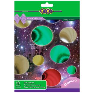 ZiBi, 10 л., Зібі, Папір кольоровий фольгований, А4, асорті