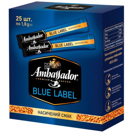Ambassador, Blue Label, Кава розчинна, у стіках, упаковка 25 шт. х 1,8 г