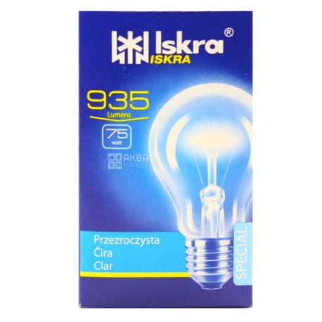 Іскра, 75 Вт, лампа, Прозрачная, м/у