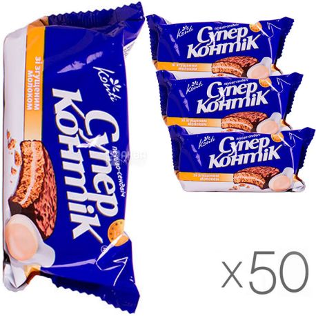 Konti, Супер-Контик, 100 г, упаковка 50 шт., Печенье-сэндвич, со сгущенным молоком