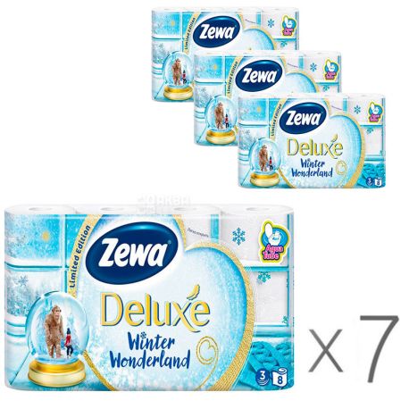 Zewa Deluxe Winter Wonderland, упаковка 7 шт., по 8 рул., Туалетная бумага Зева Делюкс, Зимняя Коллекция, 3-х слойная