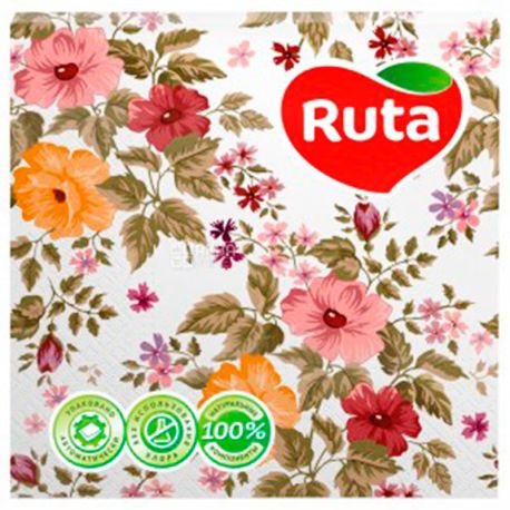 Ruta, 20 шт., Рута, Салфетки бумажные, Цветы, 2-х слойные, 33х33 см