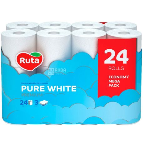 Ruta Pure White, 24 рул, Рута Пур Вайт, Туалетний папір, білий, 3-х шарова