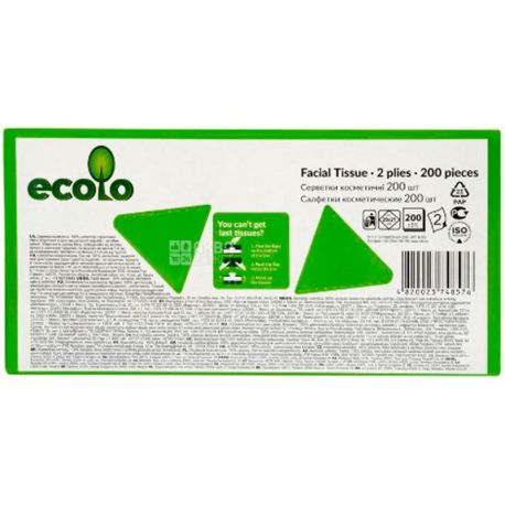 Ecolo, 200 шт., Серветки косметичні Еколо, 2-шарові, 20х21 см