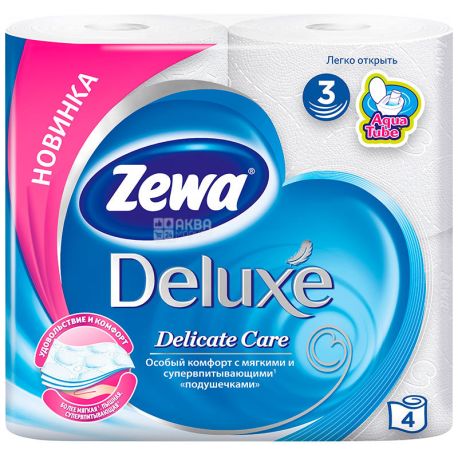 Zewa Deluxe Delicate Care, 4 рул., Туалетная бумага Зева Делюкс, Деликатная Забота, 3-х слойная