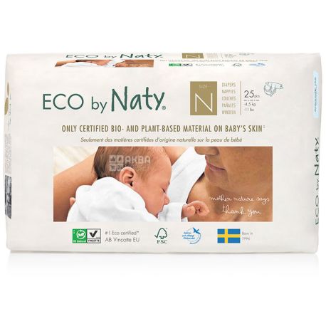 Eco by Naty, 25 шт., Підгузки Еко бай Наті, органічні, Розмір 0, 4,5 кг
