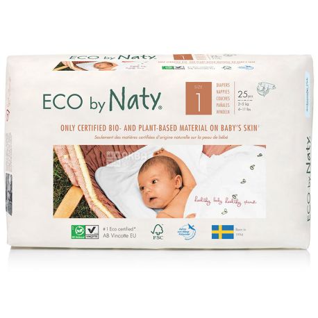 Eco by Naty, 25 шт., Підгузки Еко бай Наті, органічні, Розмір 1, 2-5 кг