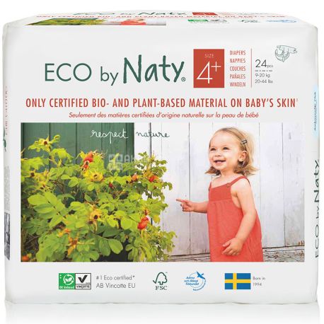 Eco by Naty, 24 шт., Подгузники Эко бай Нати, органические, размер 4+, 9-20 кг
