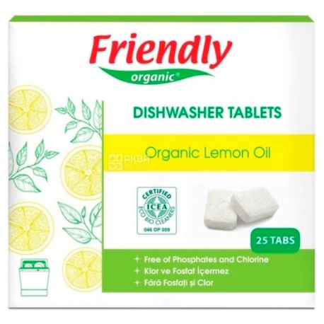 Friendly Organic, 25 шт., Таблетки для посудомийної машини, Лимон
