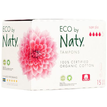 Eco by Naty Super Plus, 15 pcs., Hygienic tampons without applicator, Organic, 4 drops