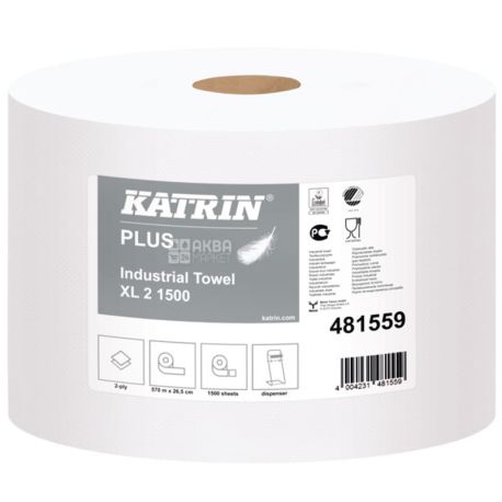 Katrin Plus, Katrin Plus Industrial Towel XL2, 1 рул. 1500 аркушів, Протиральний матеріал паперовий, 2-х шаровий, 38х26 см