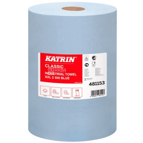 Katrin Classic, Industrial Towel XXL2, 1 рул., 500 листів, Протиральний матеріал паперовий, 2-х шаровий, синій, 190 м, 38х38 см