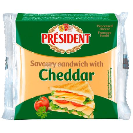 President, Cheddar, 120 г, Сир плавлений, для сендвічів, шматочки, 40%
