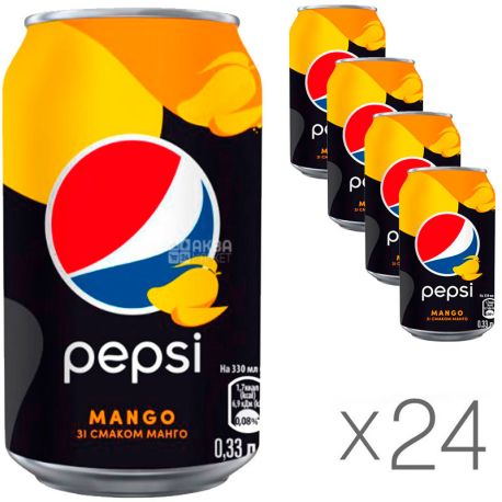 Pepsi-Cola, упаковка 24 шт. по 0,33 л, Вода сладкая, Манго, сильногазированная