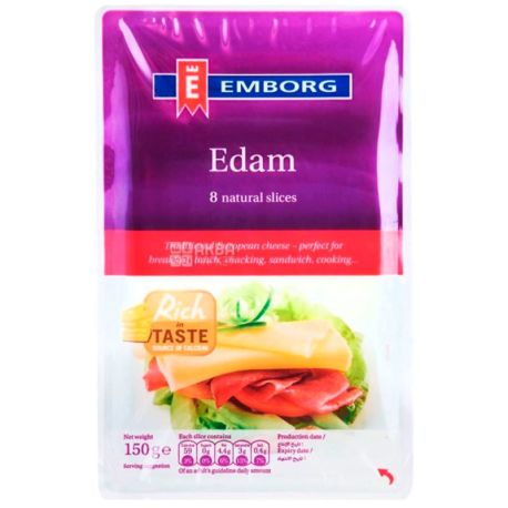 Emborg Едам, 150 г, Сир твердий нарізаний, 8 скибочок, 40%