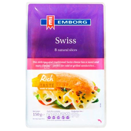 Emborg Швейцарский, 150 г, Сыр твердый нарезанный, 8 ломтиков, 45%
