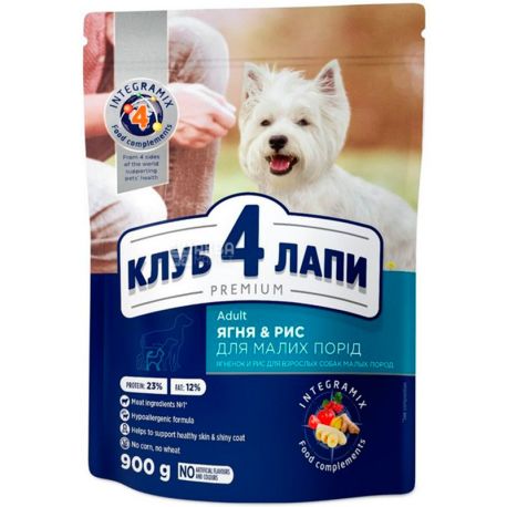 Клуб 4 лапы Премиум, 900 г, Корм для взрослых собак малых пород, ягненок и рис