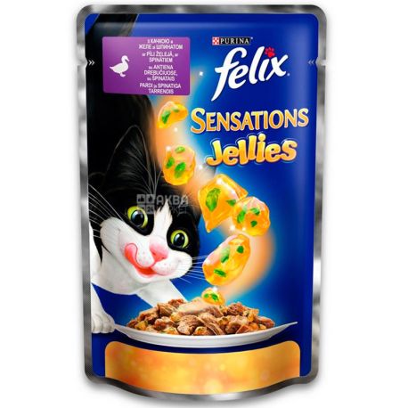 Felix Sensations Jellies, 100 г, Корм для дорослих котів, з качкою в желе зі шпинатом