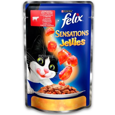 Felix Sensations Jellies, 100 г, Корм для дорослих котів, з яловичиною в желе з томатами