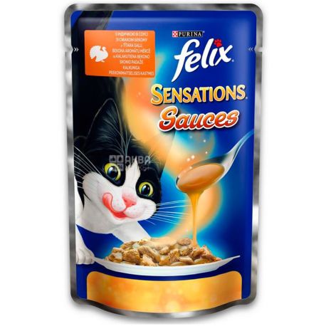 Felix Sensations Sauces, 100 г, Корм для дорослих котів, індичка в соусі з беконом