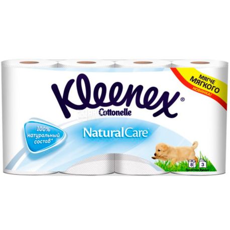 Kleenex Natural Care, 8 рулонов, Туалетная бумага белая, трехслойная