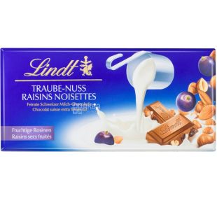  Lindt, Шоколад молочный c изюмом и орехами, 100 г 