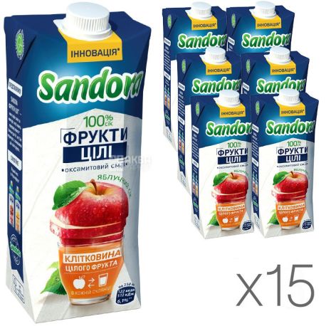 Sandora, Фрукты целые, Яблочный, Сандора, Упаковка 15 шт по 0,5 л, Сок натуральный с мякотью