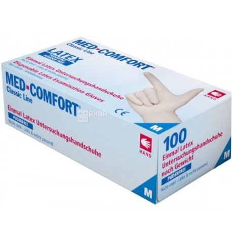 Med Comfort, 100 шт., Перчатки латексные, без пудры, белые, размер М