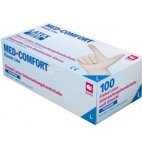 Med Comfort, 100 шт., Перчатки латексные, без пудры, белые, размер L