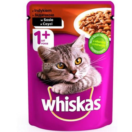 Whiskas, 100 г, Корм для взрослых котов, с индейкой в соусе