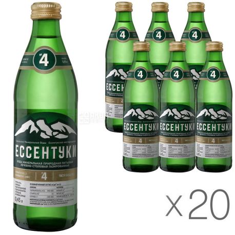 Essentuki No. 4, 0.45 L, Pack of 20 pcs., Mineral carbonated water, glass