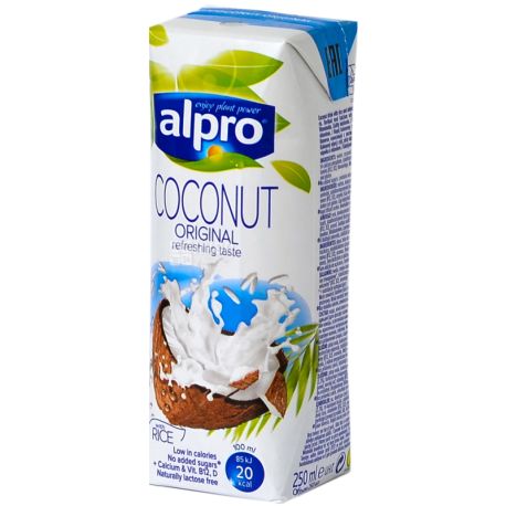 Alpro, Coconut Original, 250 мл, Алпро, Кокосове молоко, без цукру та лактози, оригінальне, з вітамінами