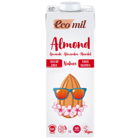 Ecomil, Almond milk, 1 л, Екоміл, Рослинний напій, Мигдаль, без цукру