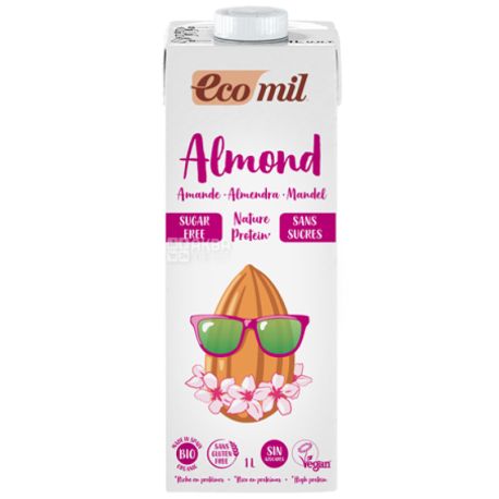 Ecomil, Almond milk, Protein, 1 л, Екоміл, Рослинний напій, Мигдаль з протеїном, без цукру