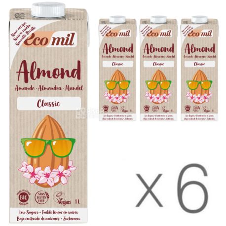 Ecomil, Almond Classic, 1л, Экомил, Растительный напиток, Миндаль без глютена, Упаковка 6 шт.