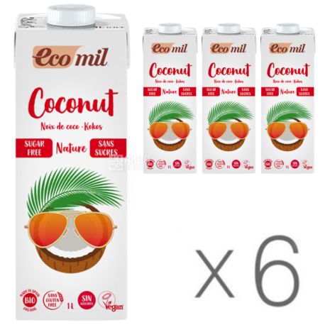 Ecomil, Coconut milk, 1 л, Екоміл, Рослинний напій, Кокос без цукру, Упаковка 6 шт.