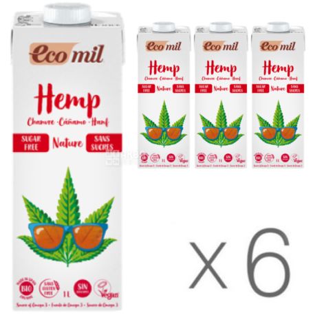 Ecomil, Hemp,1 л, Экомил, Растительный напиток, Конопля без сахара, Упаковка 6 шт.