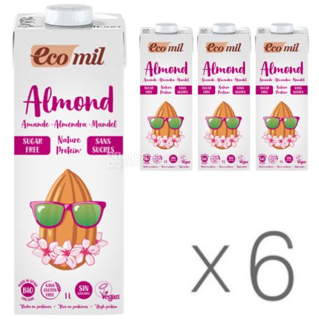  Ecomil, Almond milk, Protein, 1 л, Екоміл, Рослинний напій, Мигдаль з протеїном, без цукру, Упаковка 6 шт.