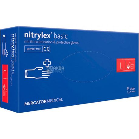 Mercator, Medical Nitrylex Basic, 200 шт., Рукавички нітрилові нестерильні, непудровані, розмір L, сині