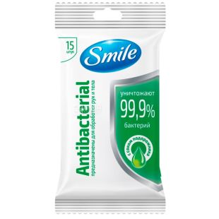 Smile Antibacterial, 15 шт., Серветки вологі Смайл, антибактеріальні, в асортименті