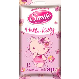 Smile Hello Kitty, 15 шт., Серветки вологі Смайл, з вітамінами С і Е