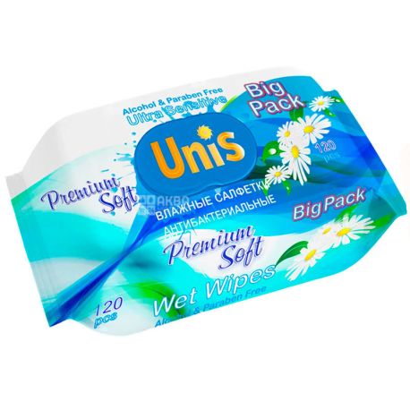 Unis, 120 pcs, Antibacterial wet wipes with chamomile