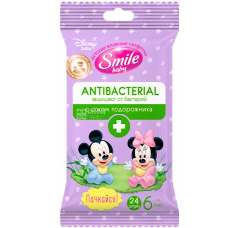 Smile, 24 pcs. Wet wipes Antibacterial, with valve