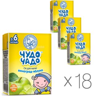 Чудо Чадо, Упаковка 18 шт. х 0,2л, Сок для детей с 5 месяцев Яблоко-Виноград, с трубочкой